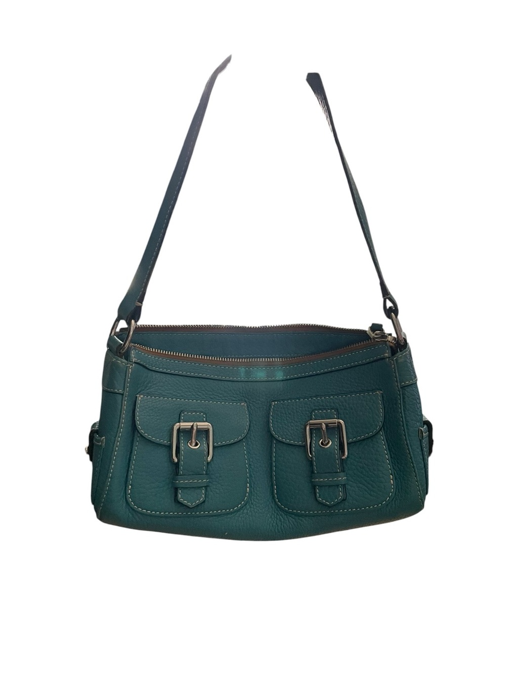 Dooney & Bourke Vintage Teal Pebbled Leather Baguette Shoulder Bag Buckle Pocket